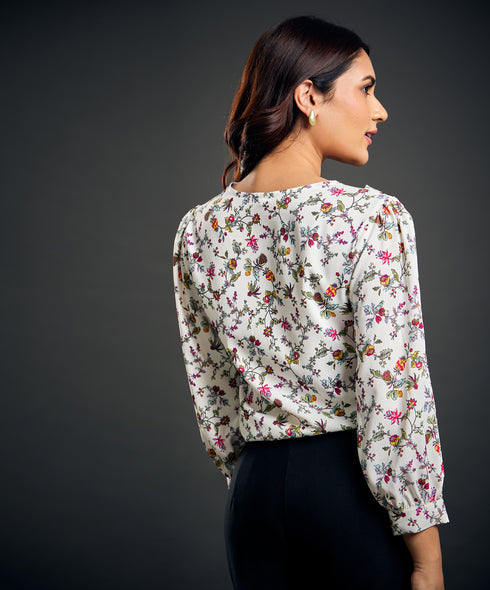 Side Pleated Printed Chiffon Top